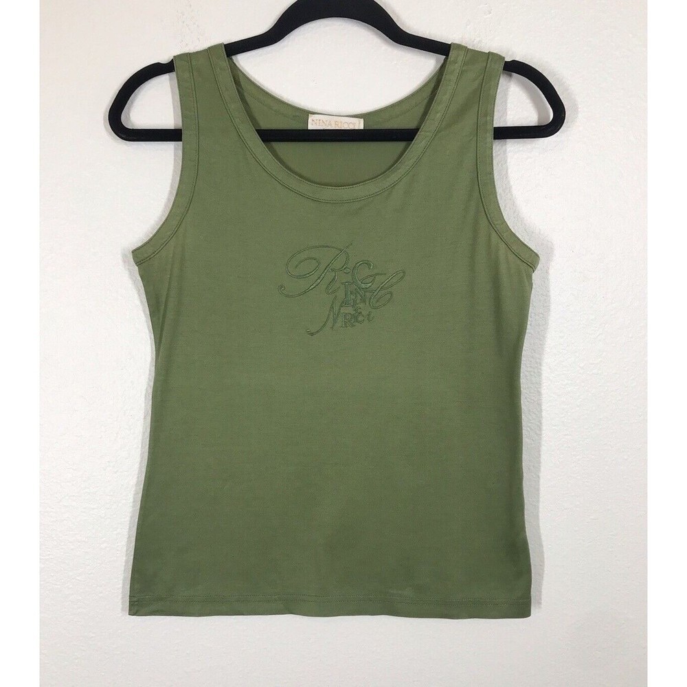 Nina Ricci Paris Women's Green Tank Top Size Medium Sleeveless Spell Out Shirt